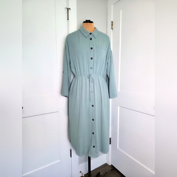 Monteau Los Angeles Womens Midi Dress XL Sage Green Collar Button Cinched NWT - Picture 1 of 8